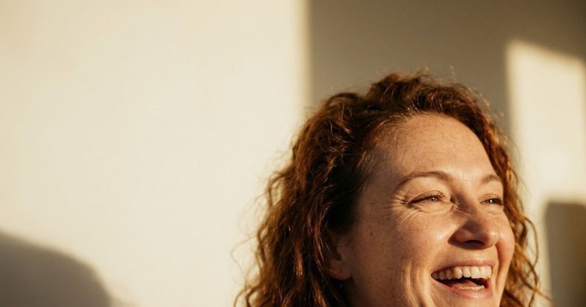 mujer de mediana edad mostrando sonriendo y sin tapujos, su belleza natural, su aceptacion fisica y autoestima