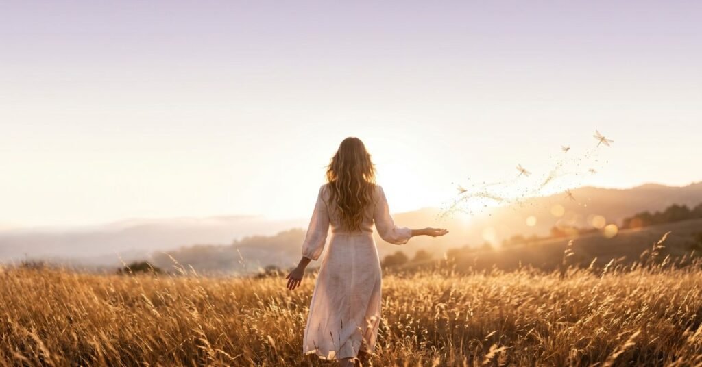 Una mujer paseando por el c ampo libremente, mostrando y disfrutando del arte de soltar