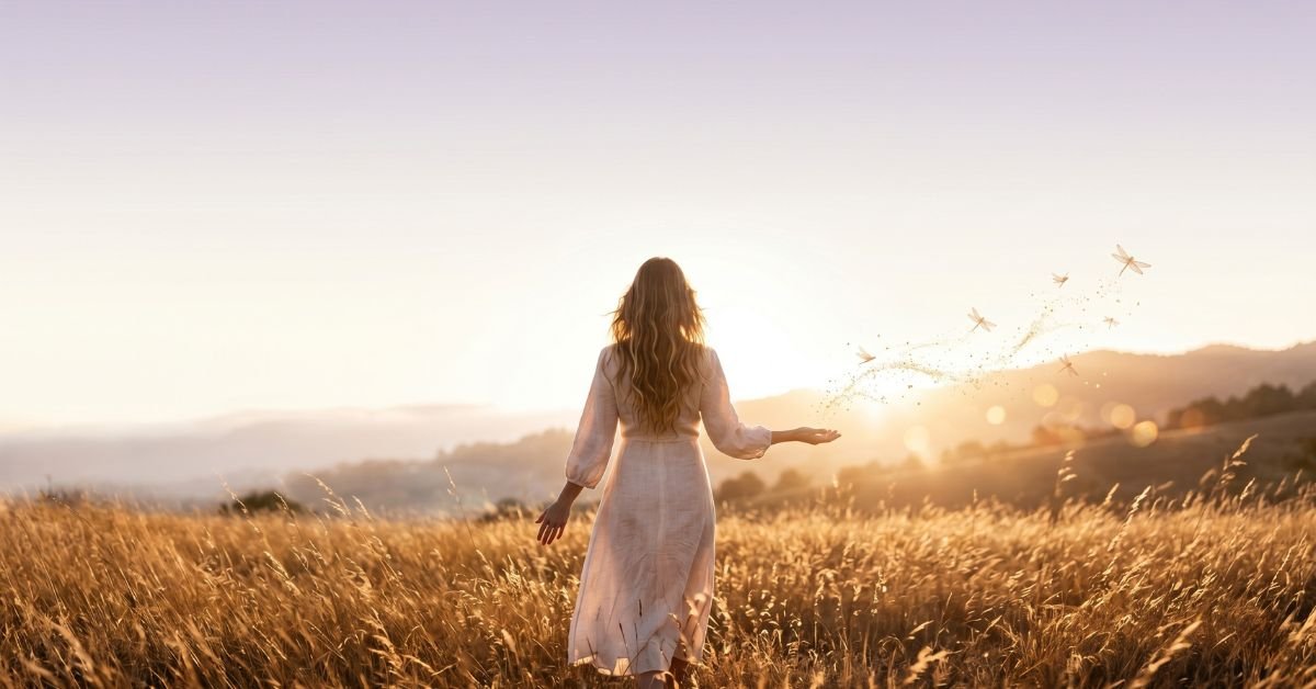 Una mujer paseando por el c ampo libremente, mostrando y disfrutando del arte de soltar